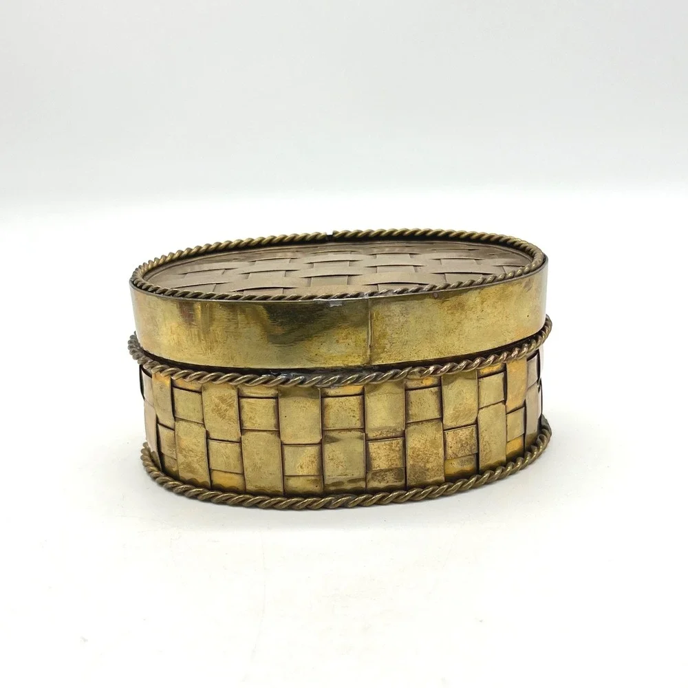 Vintage Brass‎ Woven Basket Trinket Jewelry Box Decorative Container Oval